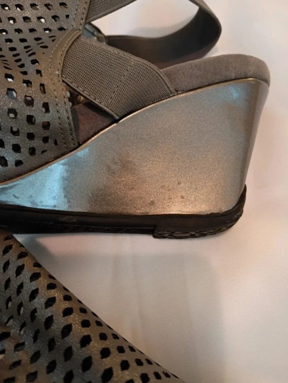 Anne Klein Sport Channyngp Pewter Perforated Wedge Sandals open toe slingbacks